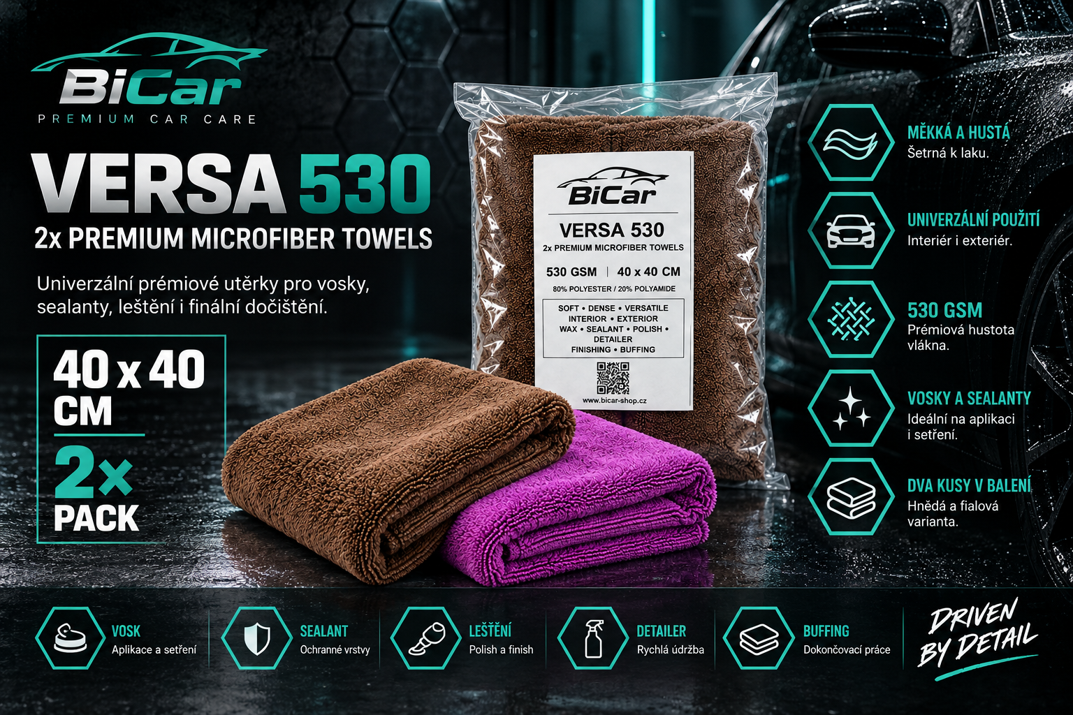 BiCar VERSA 530 – mikrovláknové utěrky 40×40 cm, 530 GSM, set 2 ks-1